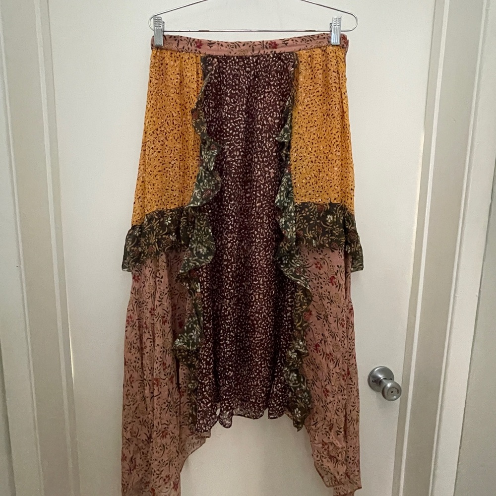 Ulla Johnson Torri Floral Patchwork Midi Skirt – Size 8 Silk Blend